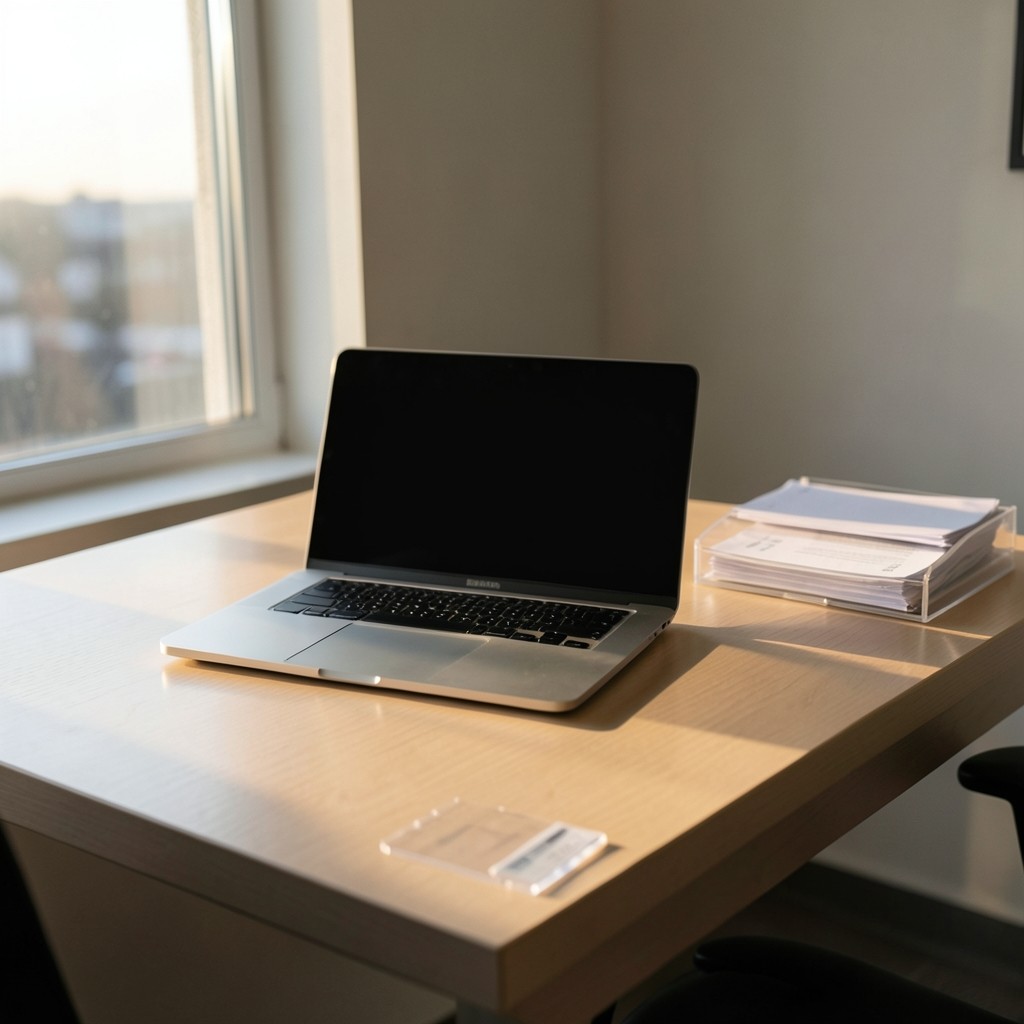 Neat office desk with locked screen and organised papers after closing time