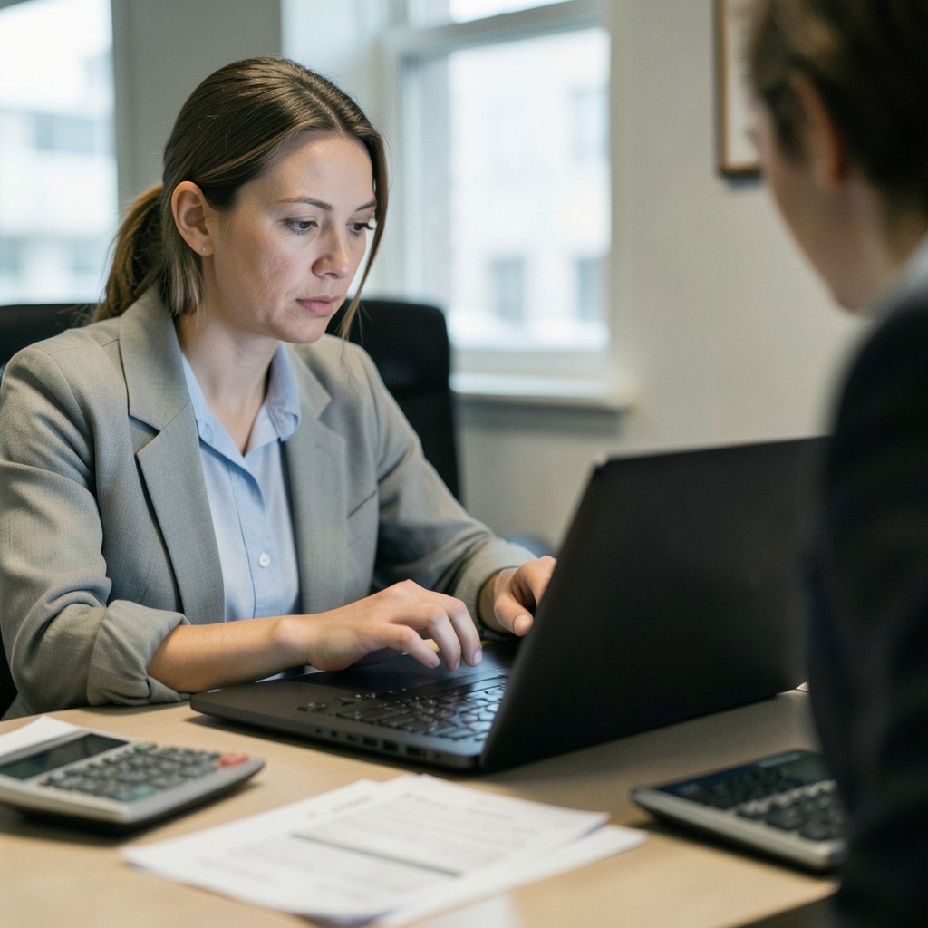Accounts clerk reviewing a payment request on a laptop with printed invoices nearby