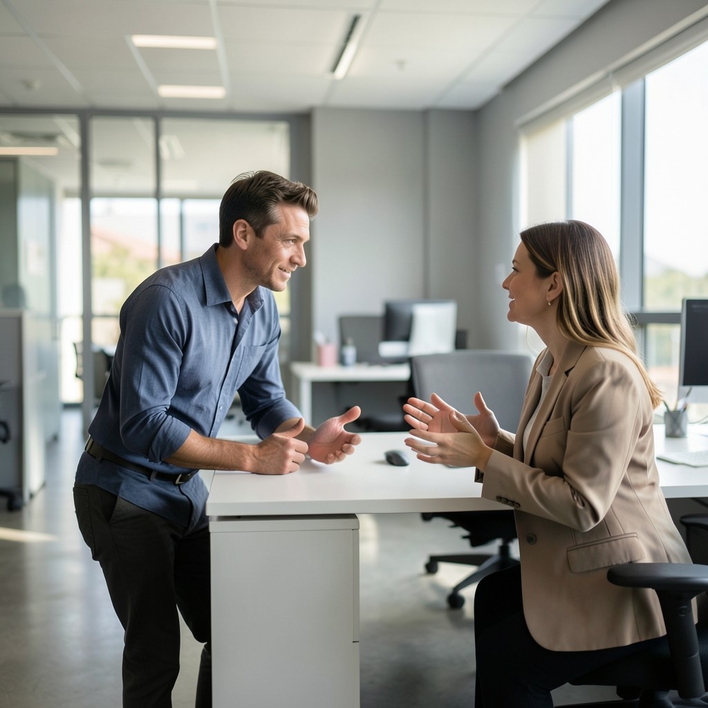 Supervisor and staff member talking calmly beside an open-plan office desk