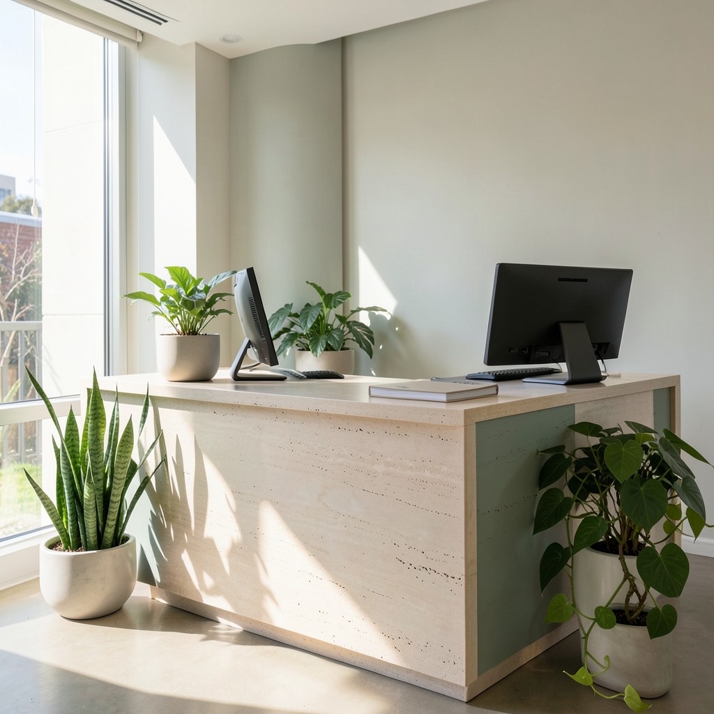 Reception desk with shared computer and visitor sign-in book in a Cape Town office