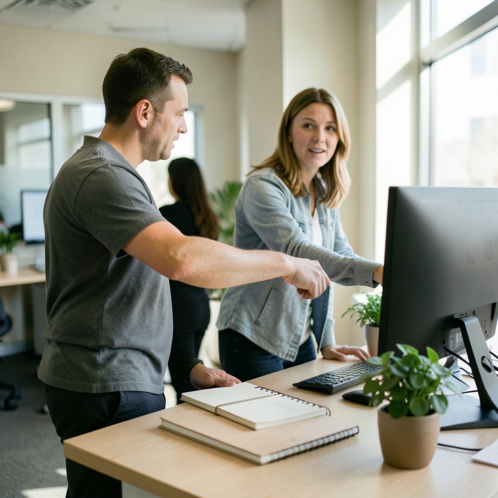 New office employee receiving a desk security induction at a workstation