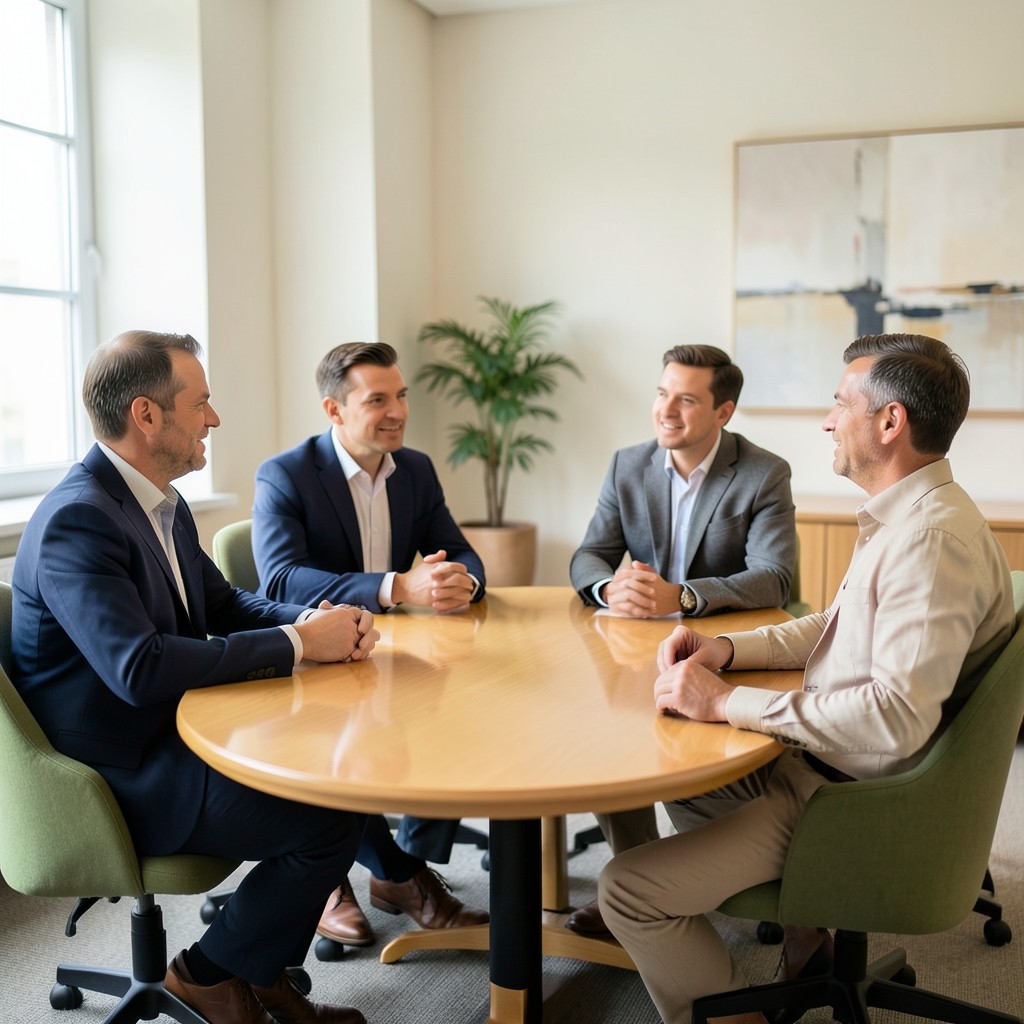 Managers in a small briefing room discussing staff reporting habits