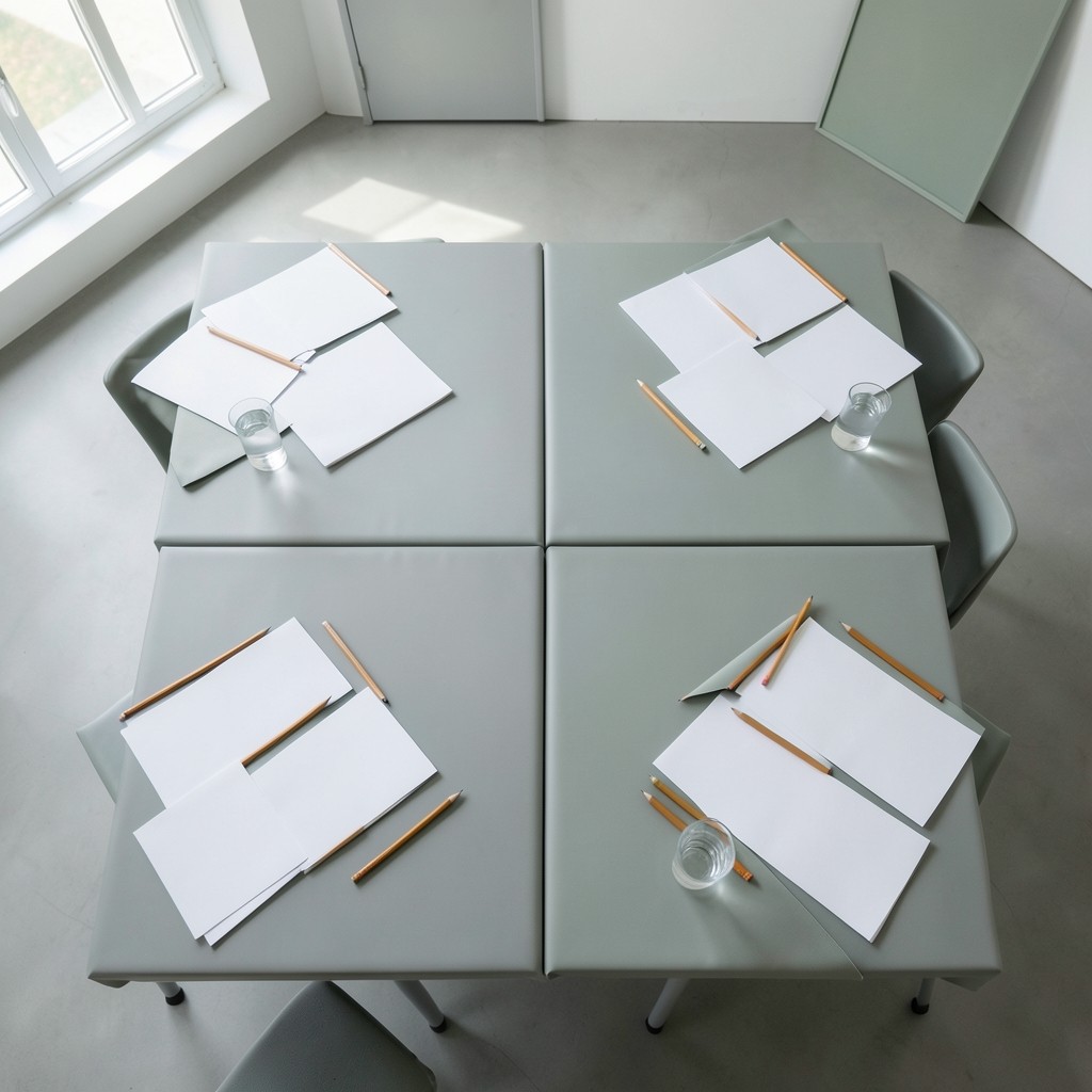 Workshop tables set with printed habit cards and scenario sheets for office cyber hygiene training